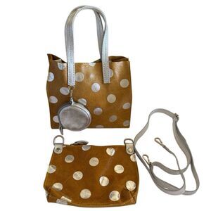 Uno Alla Volta Borse In Pelle Three Piece Bag Camel Leather W/Silver Polka Dots
